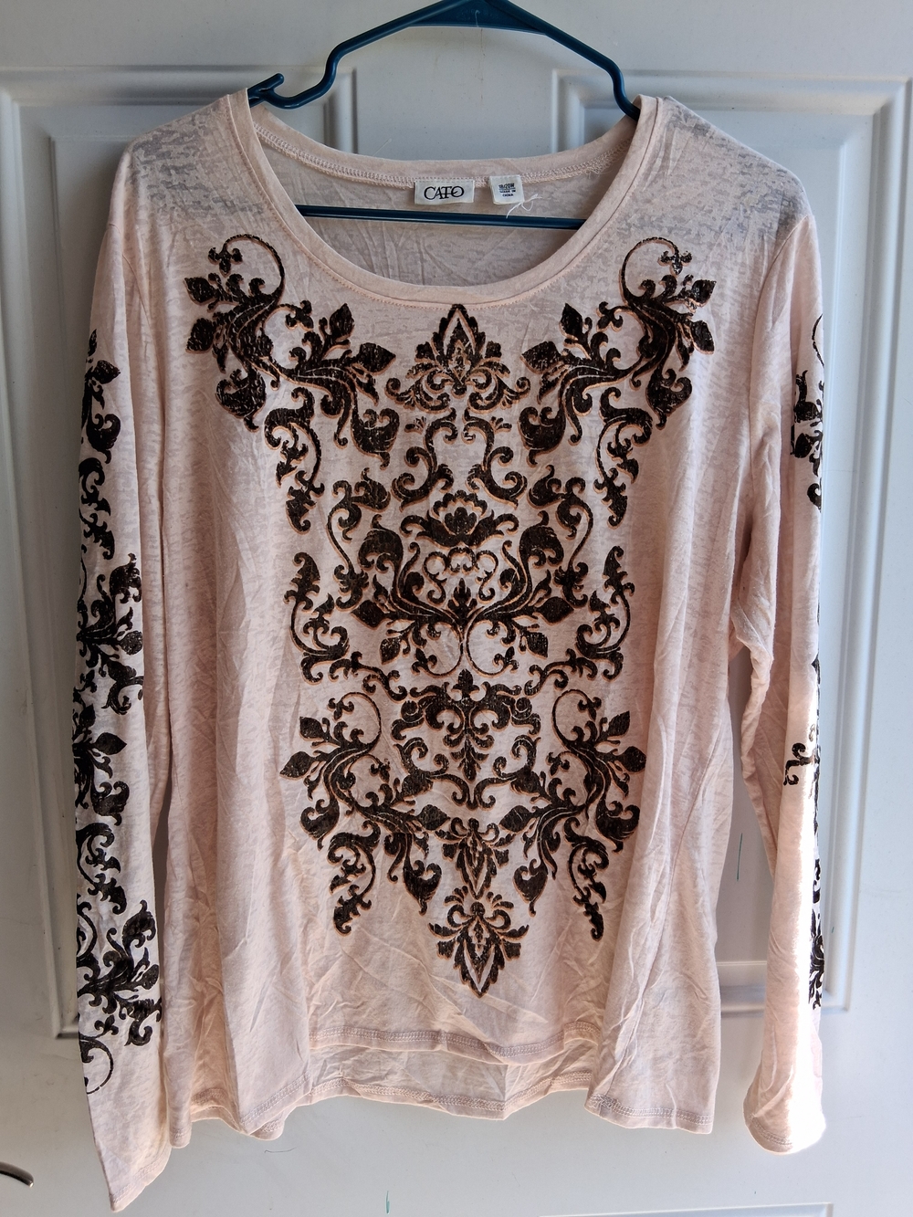 Cato Long Sleeve Scoop Neck Top in Light Pink with Brown Damask Print